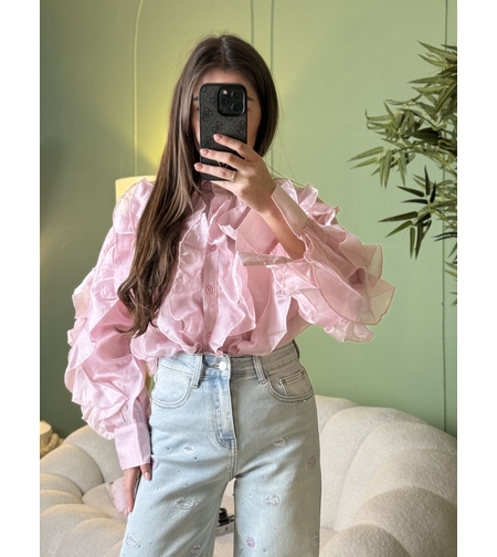 Дамска розова  елегантна риза с ефирни волани