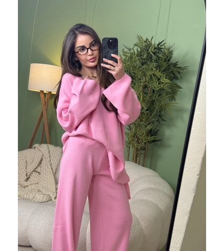 Дамски плетен комплект Cozy Vibe (пуловер + панталон)-розово
