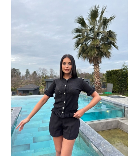 Черна елегантна плетена блуза с копчета