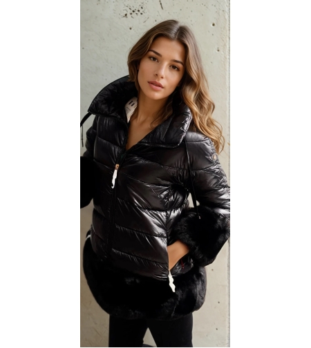 Зимно яке с яка и пух на ръкавите - черно