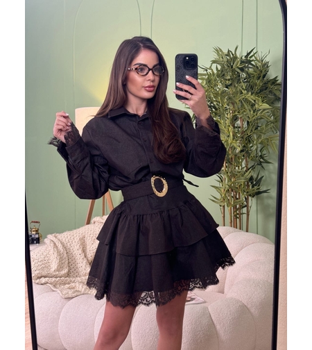 Елегантна кафява  дамска рокля с колан и дантелени детайли