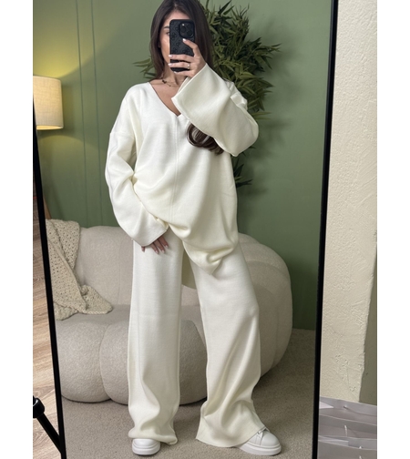 Дамски плетен комплект Cozy Vibe (пуловер + панталон)-бяло