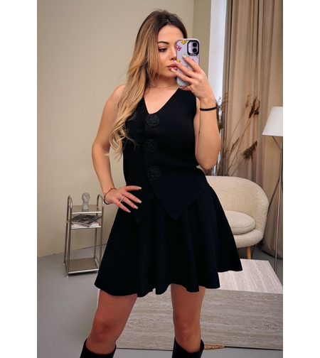 Дамски комплект с елек и разкроена пола-черно