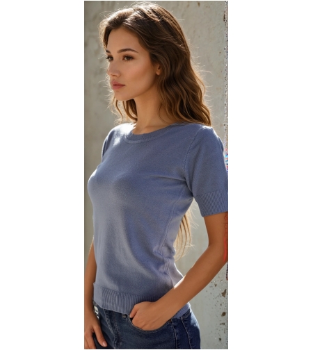 пуловер с кашмир с къс ръкав - синьо