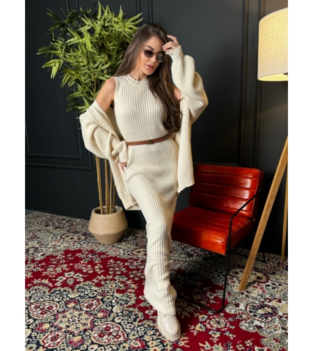 Рипсена дълга рокля с жилетка в екрю