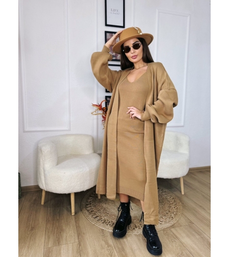 Дамски камел  комплект – рокля и жилетка