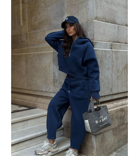 Дамски спортен комплект с цип и качулка (суитшърт + панталон)-син