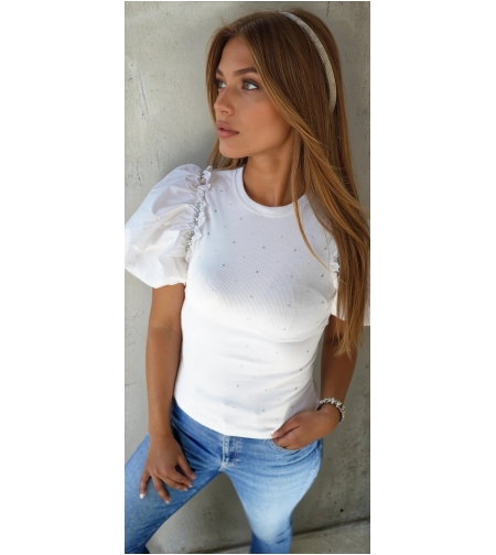 Дамска блуза с буфан ръкави и камъчета-Бяла
