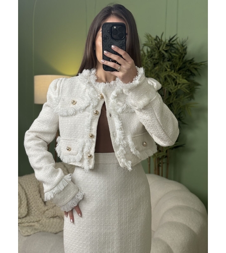 Дамски елегантен комплект сако и миди пола-бяло