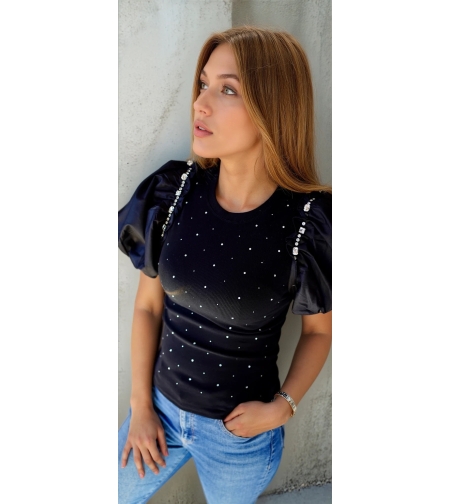 Дамска блуза с буфан ръкави и камъчета-Черна