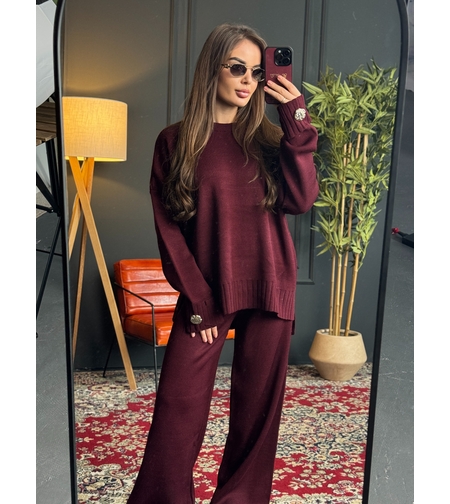 Комплект „Cozy Elegance“- пуловер и широк панталон в бордо