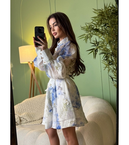 Дамски ефирен комплект със син  флорален принт и колан