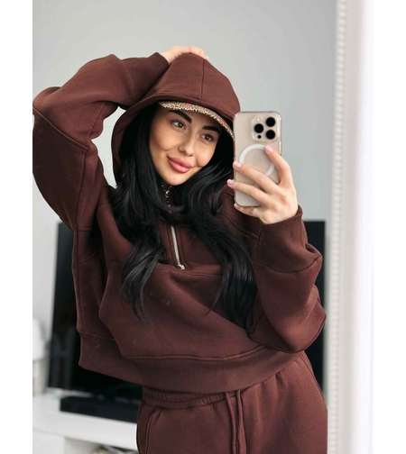 Дамски спортен комплект с цип и качулка (суитшърт + панталон)-кафяв