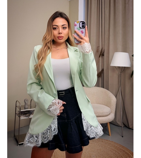 Дамско сако с дантелени акценти-мента