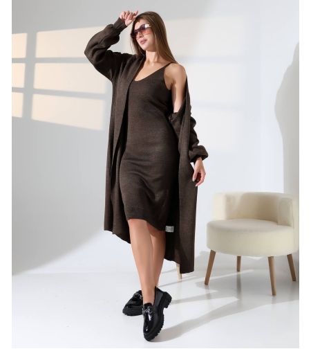 Дамски кафяв комплект – рокля и жилетка