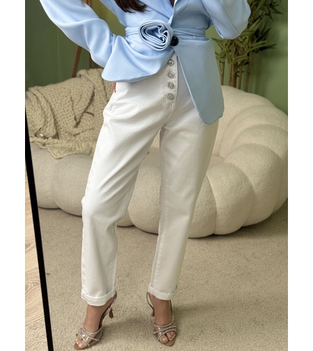 Дамски елегантен панталон с висока талия и декоративни копчета