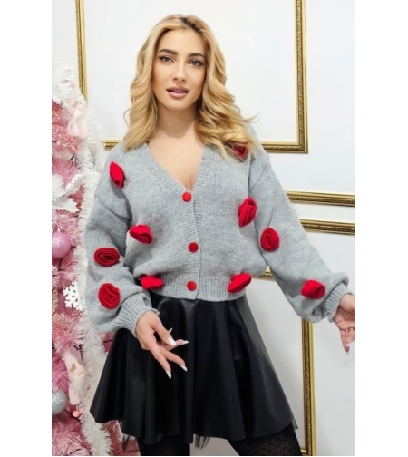 Жилетка с 3D цветя и ефектни копчета  в сиво