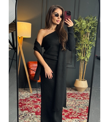 Плетена рокля с асиметрично рамо и шал-черно