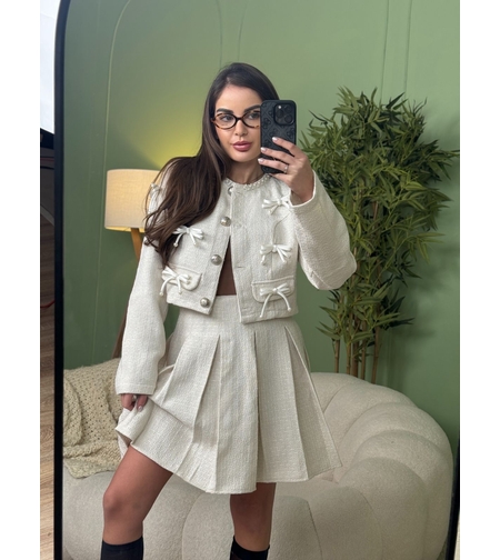 Дамски елегантен комплект сако и плисирана пола-екрю