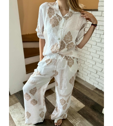 Дамски комплект с етно принт от 100% лен