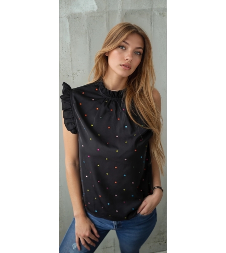 Дамска блуза с къс ръкав и цветни камъчета- Черна