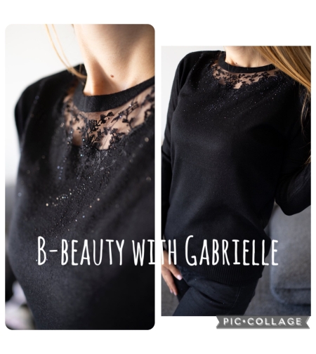 Пуловер с дантела по врата -черно