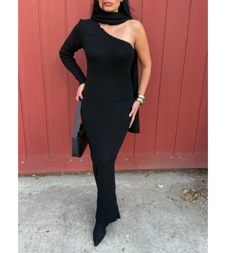 Плетена рокля с асиметрично рамо и шал-черно