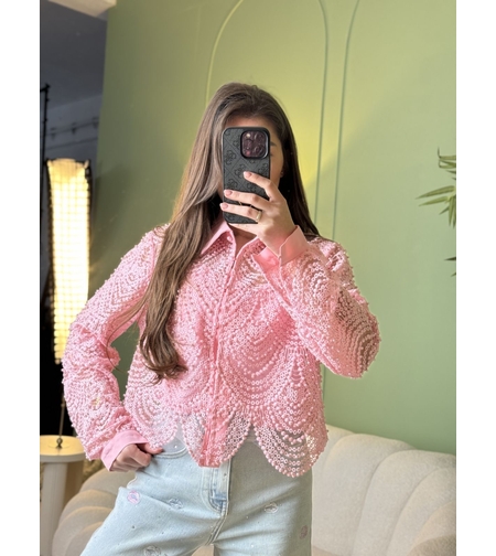 Дамска елегантна розова  дантелена риза с релефен ефект