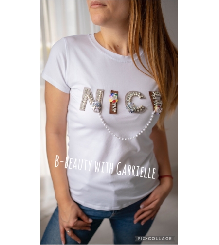 Дамска тениска „Nice Pearl“ – Бяла тениска с перли и камъни