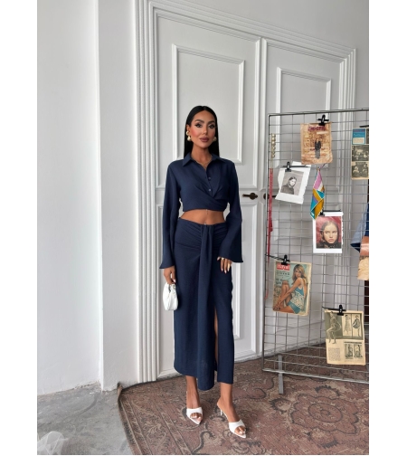 Елегантен дамски сет от риза и пола с висока талия – Тъмносин
