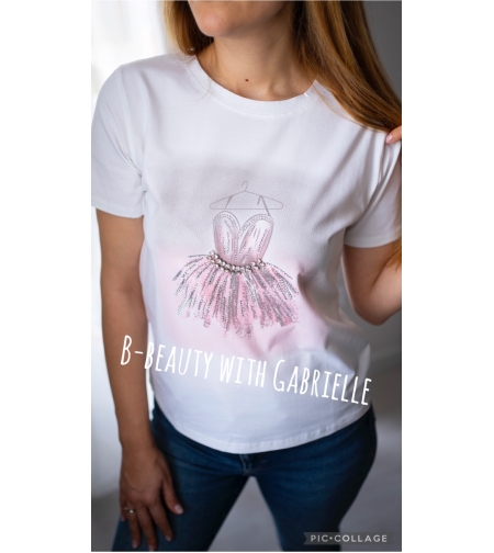 Дамска тениска с дизайнерски принт и камъни- бяла