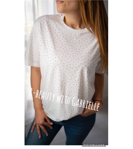 Бяла памучна тениска с блестящи камъчета