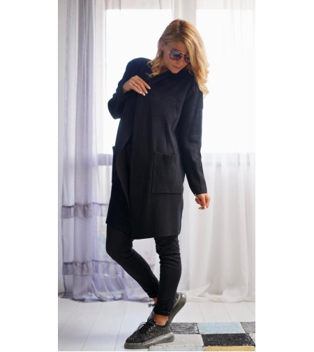 Дълга жилетка с джобове - черно