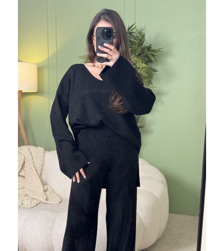 Дамски плетен комплект Cozy Vibe (пуловер + панталон)-черно