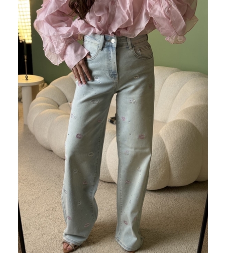 Дамски дънки с декоративен принт и висока талия,, Kiss