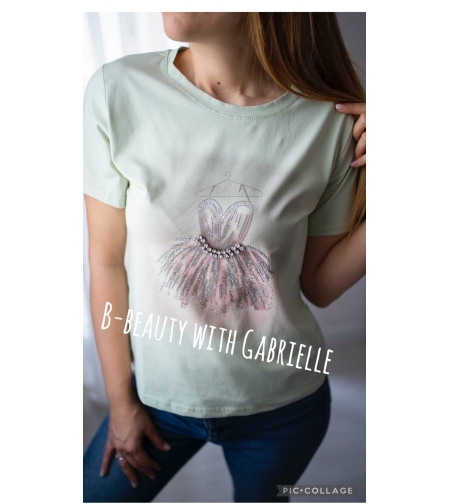 Дамска тениска с дизайнерски принт и камъни-мента