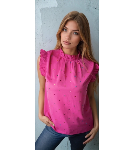 Дамска блуза с къс ръкав и цветни камъчета- Цикламена