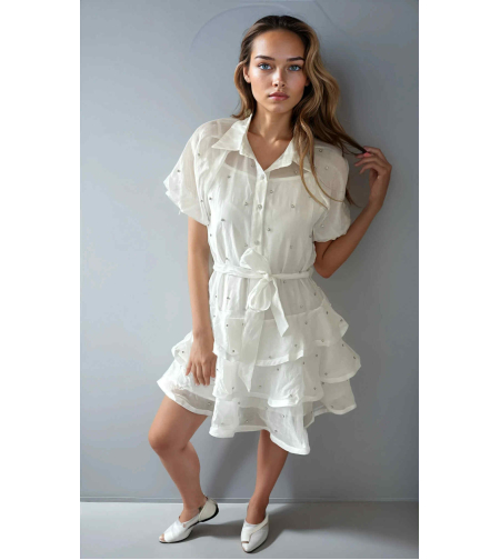 Бяла рокля с буфан ръкав с кристали и волани