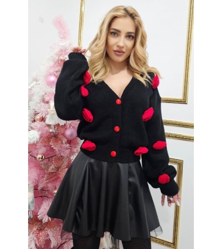 Жилетка с 3D цветя и ефектни копчета  в черно