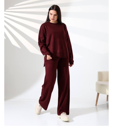 Комплект „Cozy Elegance“- пуловер и широк панталон в бордо