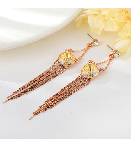 Обеци розово позлатяване висящи кехлибарени кристали | Колекция Rose Gold | Бижута Invoke.bg