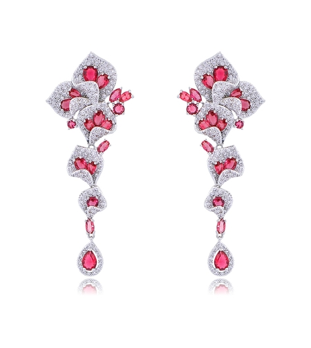 Обеци бяло позлатяване червени кристални цветя | Колекция Luxury Secret | Бижута Invoke.bg