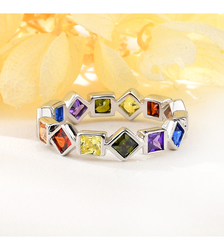 Сребърен пръстен с платина и цветни кубични циркони | Колекция Silver Premium | Бижута Invoke.bg