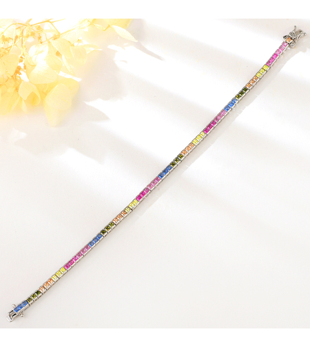 Сребърна тенис гривна с платинено покритие и цветни кубични циркони | Колекция Silver Premium | Бижута Invoke.bg