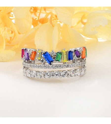 Сребърен пръстен с платина и цветни кубични циркони | Колекция Silver Premium | Бижута Invoke.bg