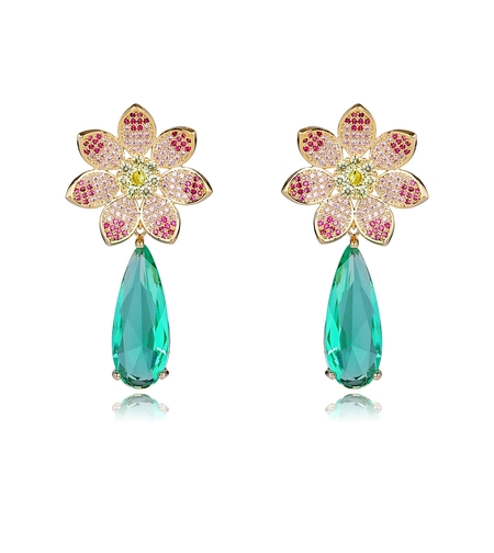 Обеци жълто позлатяване тюркоазено цвете | Колекция Luxury Secret | Бижута Invoke.bg