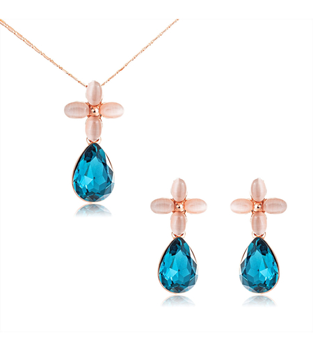 Комплект розово позлатяване Цветя с кристали Swarovski Indicolite | Колекция Rose Gold | Бижута Invoke.bg