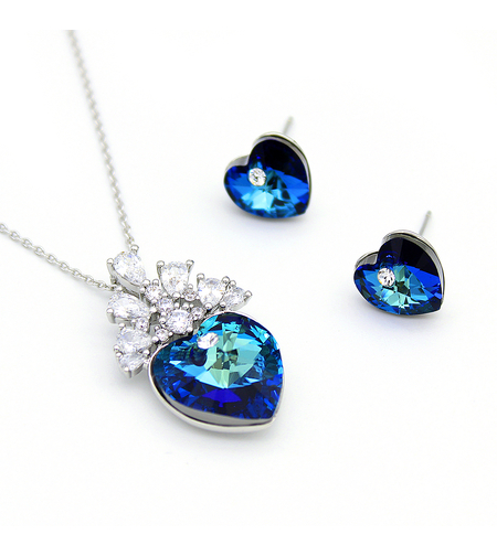 Комплект бяло позлатяване синьо сърце | Колекция Luxury Secret