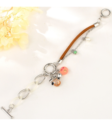 Гривна бяло позлатяване Панда с кафяв текстил | Бижута Invoke.bg