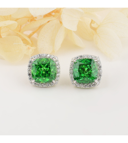 Сребърни обеци квадратни зелени | Колекция Crushed Ice | Бижута Invoke